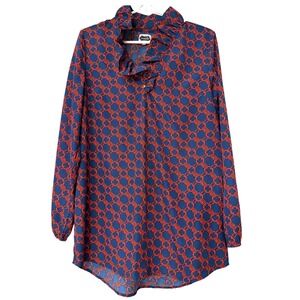 Mud Pie Navy Red Chain Print Ruffle Neck Long Sleeve Tunic Top Womens M
